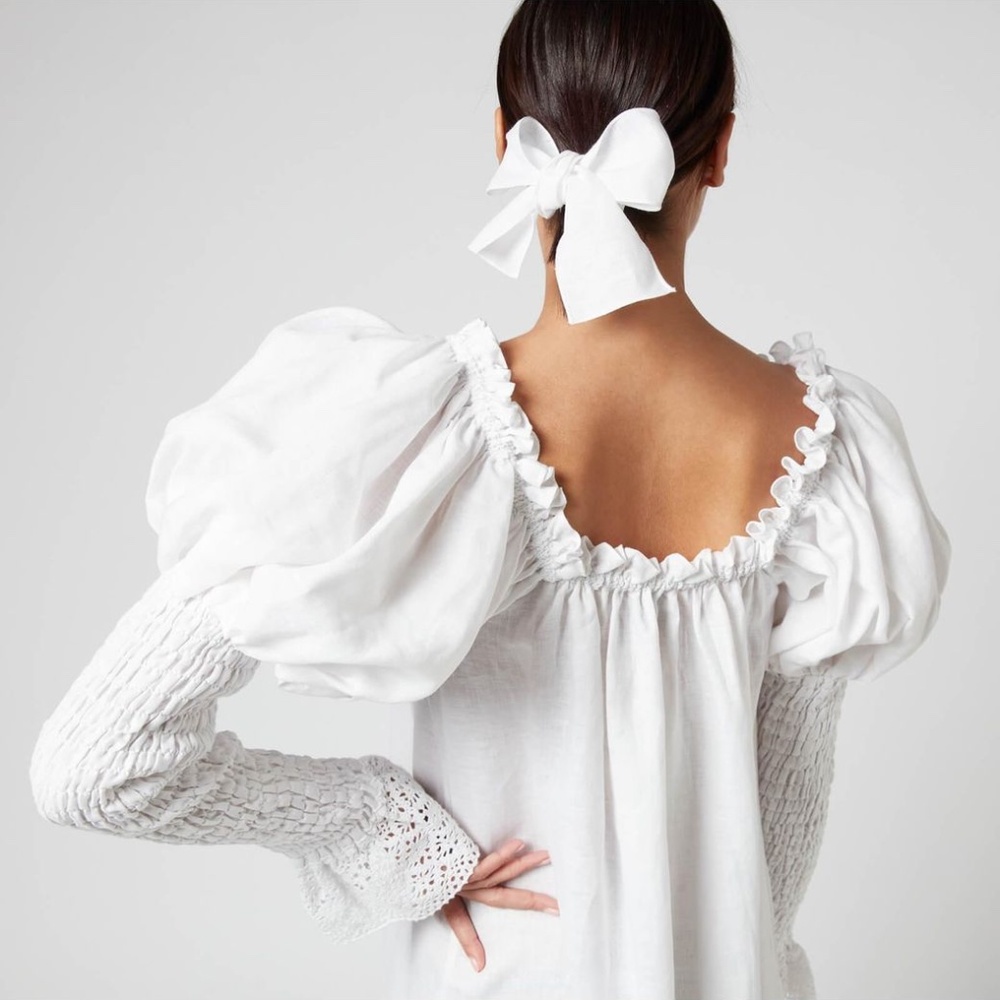 New SLEEPER White Silk Charmeuse Puff Sleeve Smocked Opera Dress XL